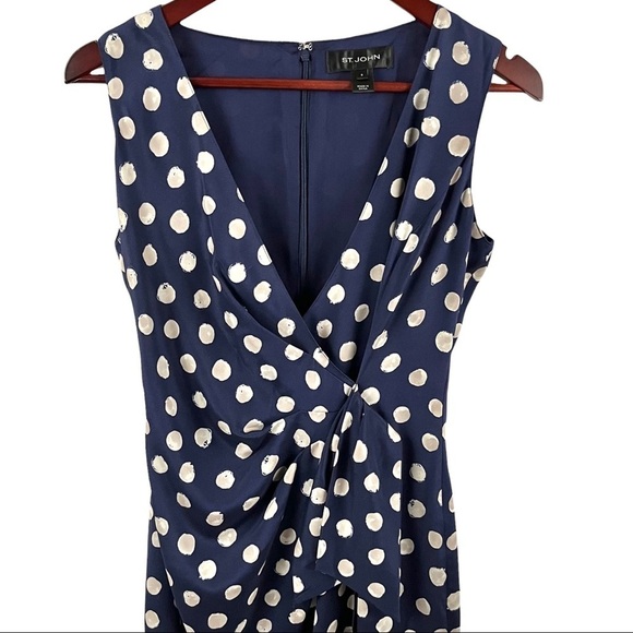 ST. JOHN Sleeveless Faux Wrap Silk Polka Dot Dress - Picture 10 of 13